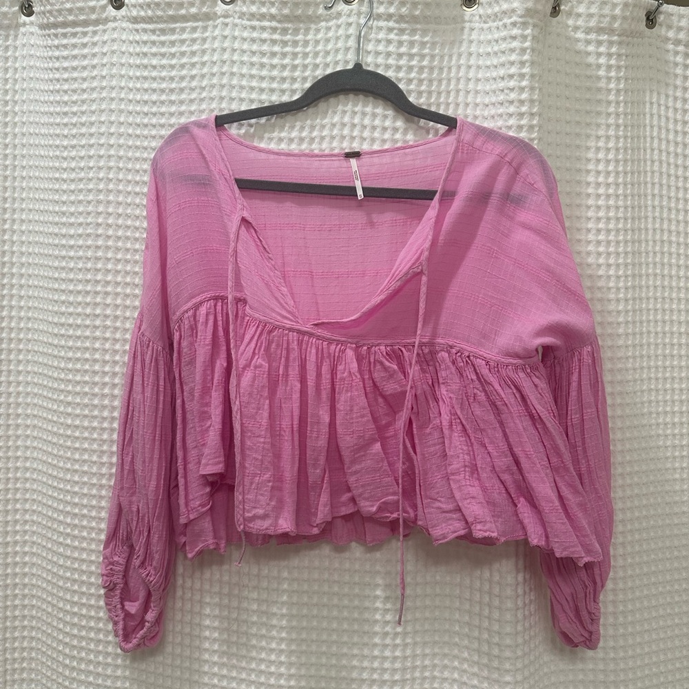Free People Pink Ruffled Tie Front Crop Blouse